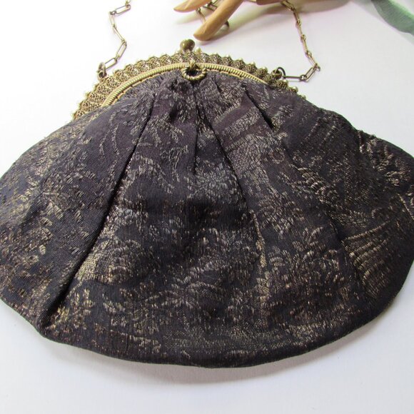 Vintage Evening Purse Black Gold Brocade Faux Pearl Frame Made in France AS IS - Picture 3 of 11